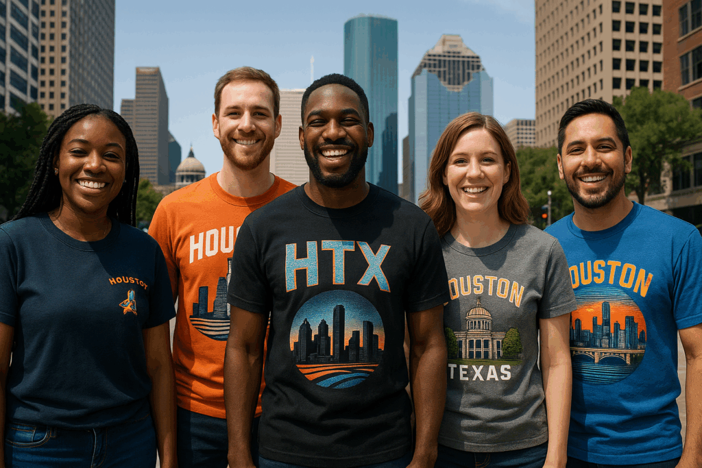 Houston friends wearing printed tshirts