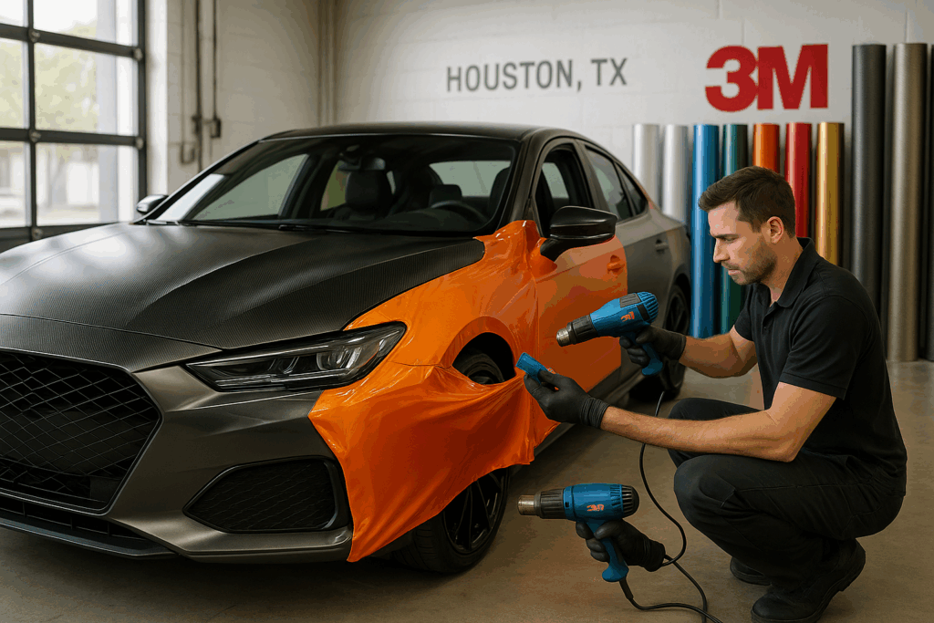Vehicle wrap installation in progress